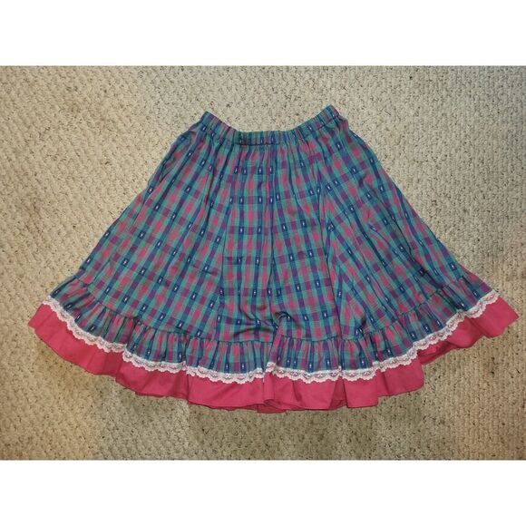 Dresses & Skirts - Vintage 70s Full Skirt Square Dancing Plaid‎ Pink Blue Lace Western Rockabilly M